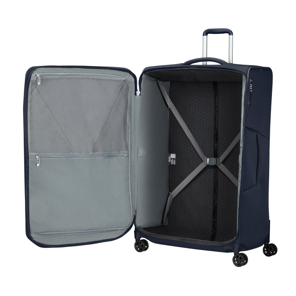 82cm Samsonite Respark spinner suitcase in midnight blue, featuring four wheels and a spacious interior for check-in luggage.
