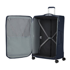 82cm Samsonite Respark spinner suitcase in midnight blue, featuring four wheels and a spacious interior for check-in luggage.