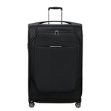 Samsonite Re-Lite 83cm expandable spinner suitcase in black, showcasing durable exterior and smooth-rolling wheels.