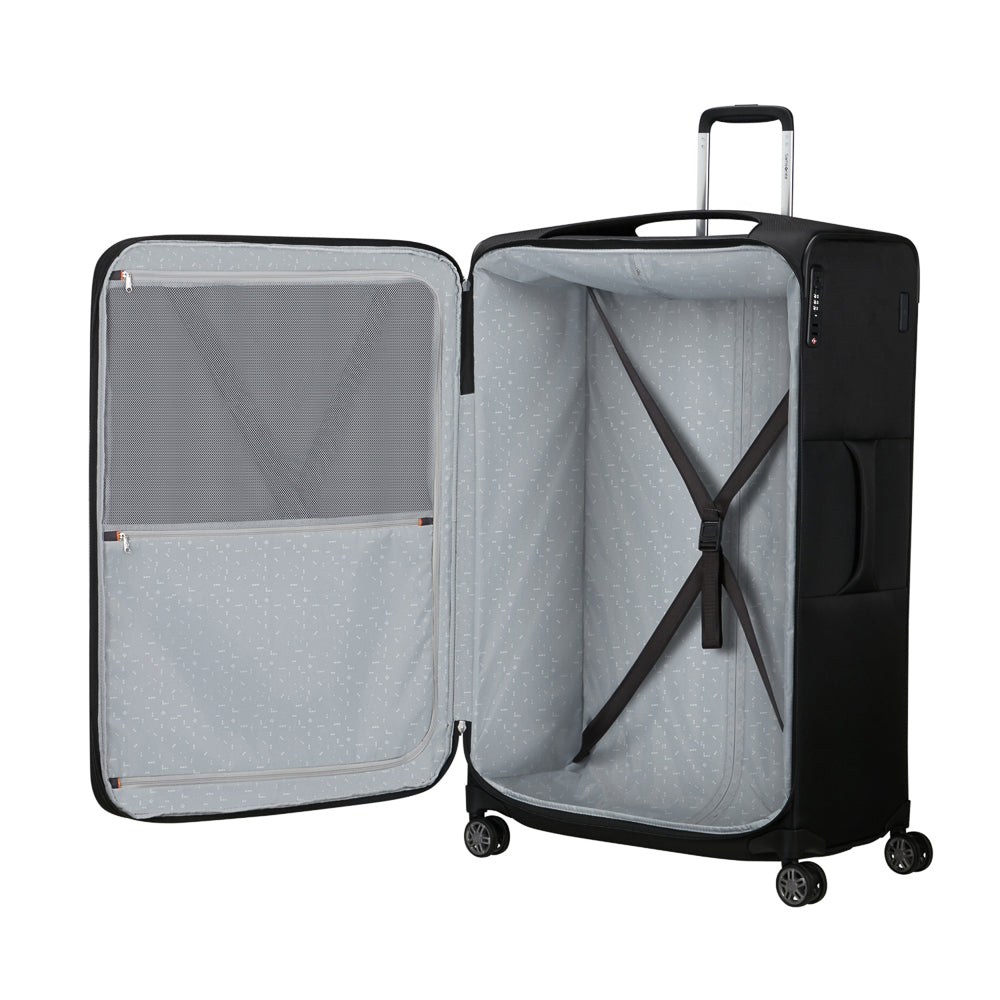 Black 83cm expandable spinner suitcase from Samsonite Luggage, featuring a sleek design and durable exterior.