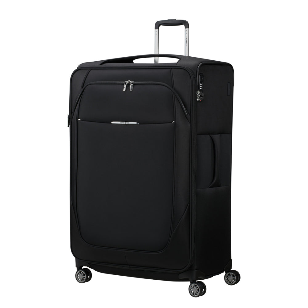 Samsonite Re-Lite 83cm expandable spinner suitcase in black, featuring four wheels and a spacious interior for travel.