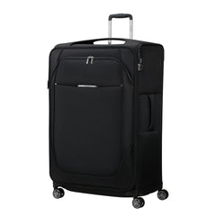 Samsonite Re-Lite 83cm expandable spinner suitcase in black, featuring four wheels and a spacious interior for travel.