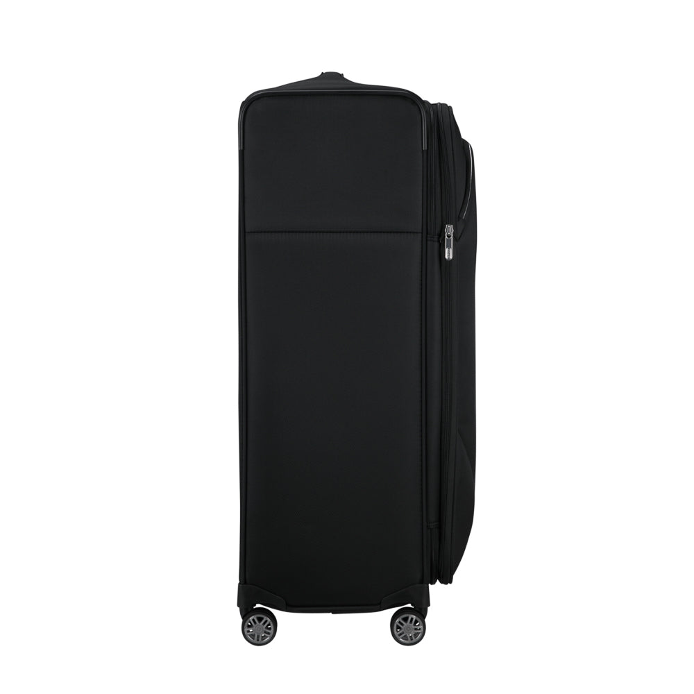 Black 83cm expandable spinner suitcase from Samsonite, featuring smooth wheels and a sturdy handle for easy travel.
