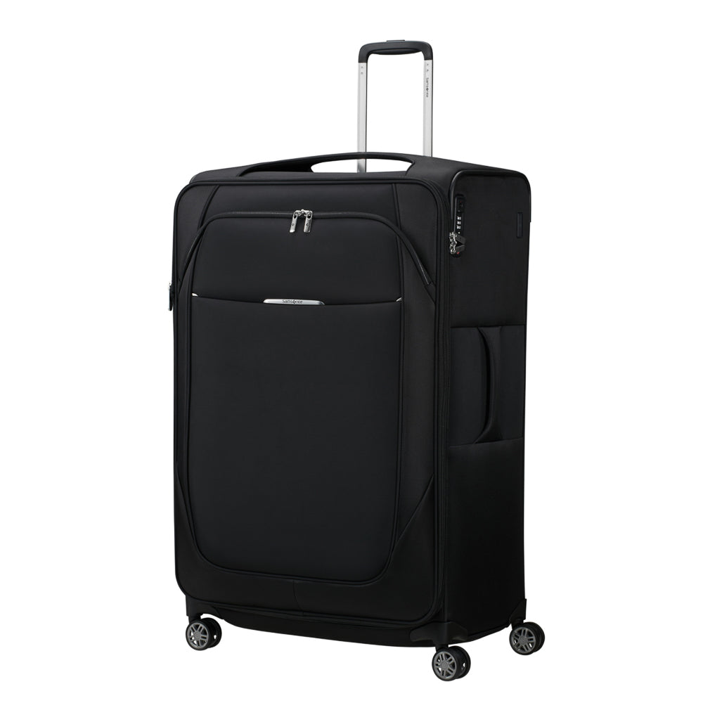 Samsonite Re-Lite 83cm expandable spinner suitcase in black, showcasing spacious compartments and smooth-rolling wheels.
