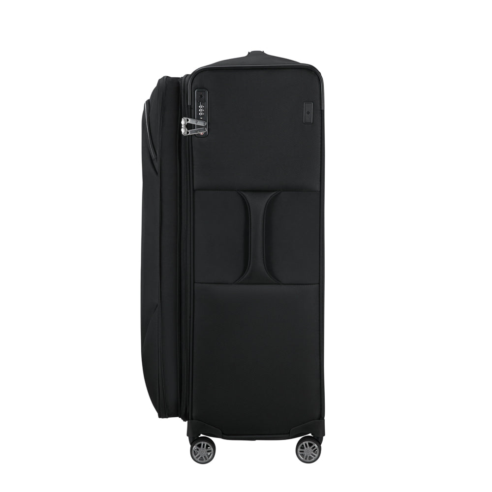 Samsonite Re-Lite 83cm expandable spinner suitcase in black, showcasing its sleek design and durable wheels.