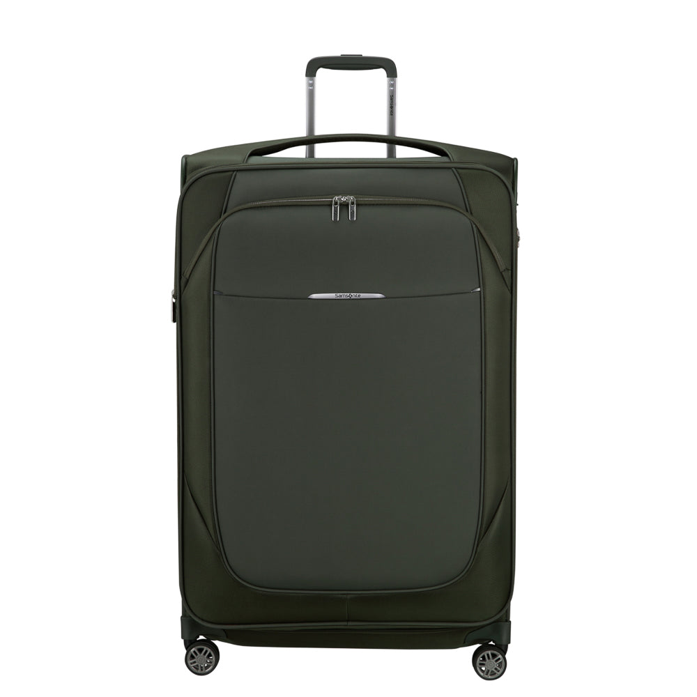 Green 83cm Samsonite Re-Lite expandable spinner suitcase with four wheels and a sleek design for easy travel.