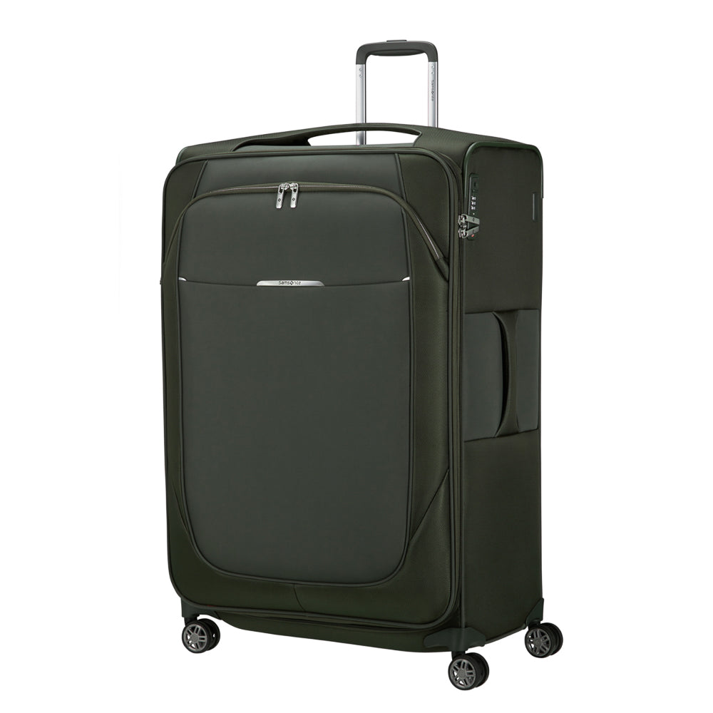 Samsonite Re-Lite 83cm expandable spinner suitcase in green, featuring a sleek design and smooth-rolling wheels.