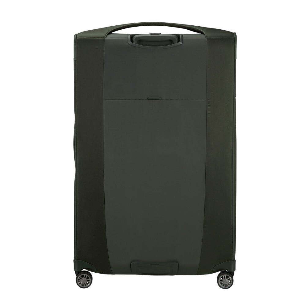 Green 83cm Samsonite Re-Lite expandable spinner suitcase with four wheels and ergonomic handle.