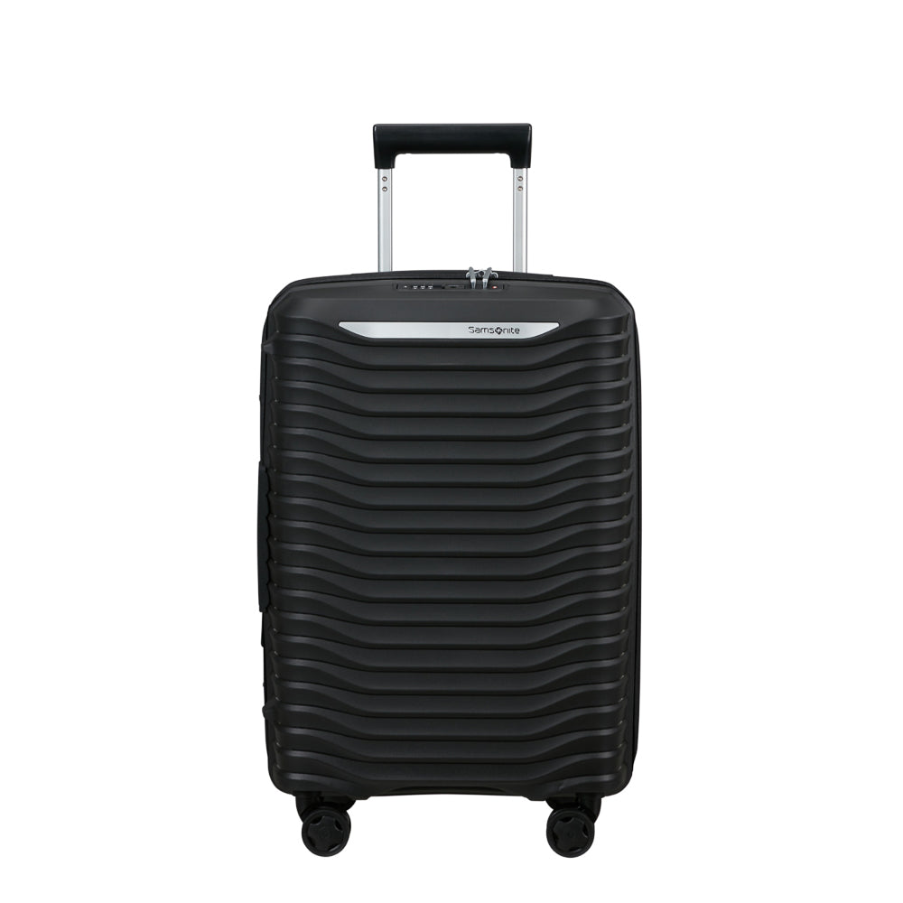 Black Slim Carry On Spinner Suitcase by Samsonite Luggage with wheels and telescopic handle for easy travel.
