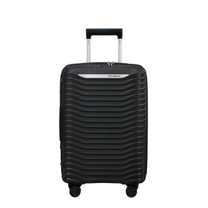 Black Slim Carry On Spinner Suitcase by Samsonite Luggage with wheels and telescopic handle for easy travel.