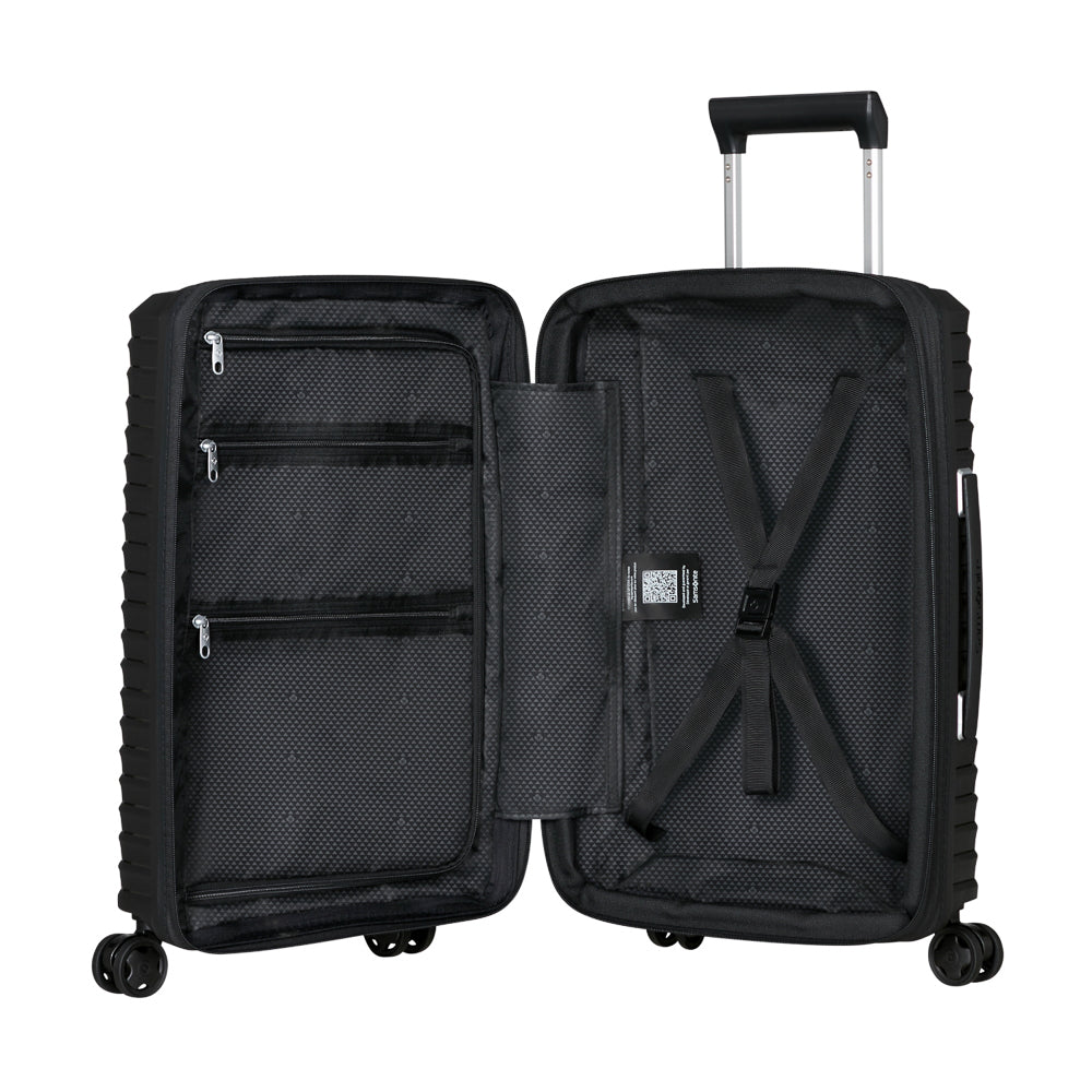 Black Slim Carry On Spinner Suitcase by Samsonite, featuring a sleek design and smooth-rolling wheels for easy travel.