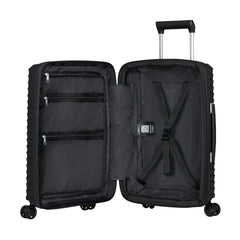Black Slim Carry On Spinner Suitcase by Samsonite, featuring a sleek design and smooth-rolling wheels for easy travel.