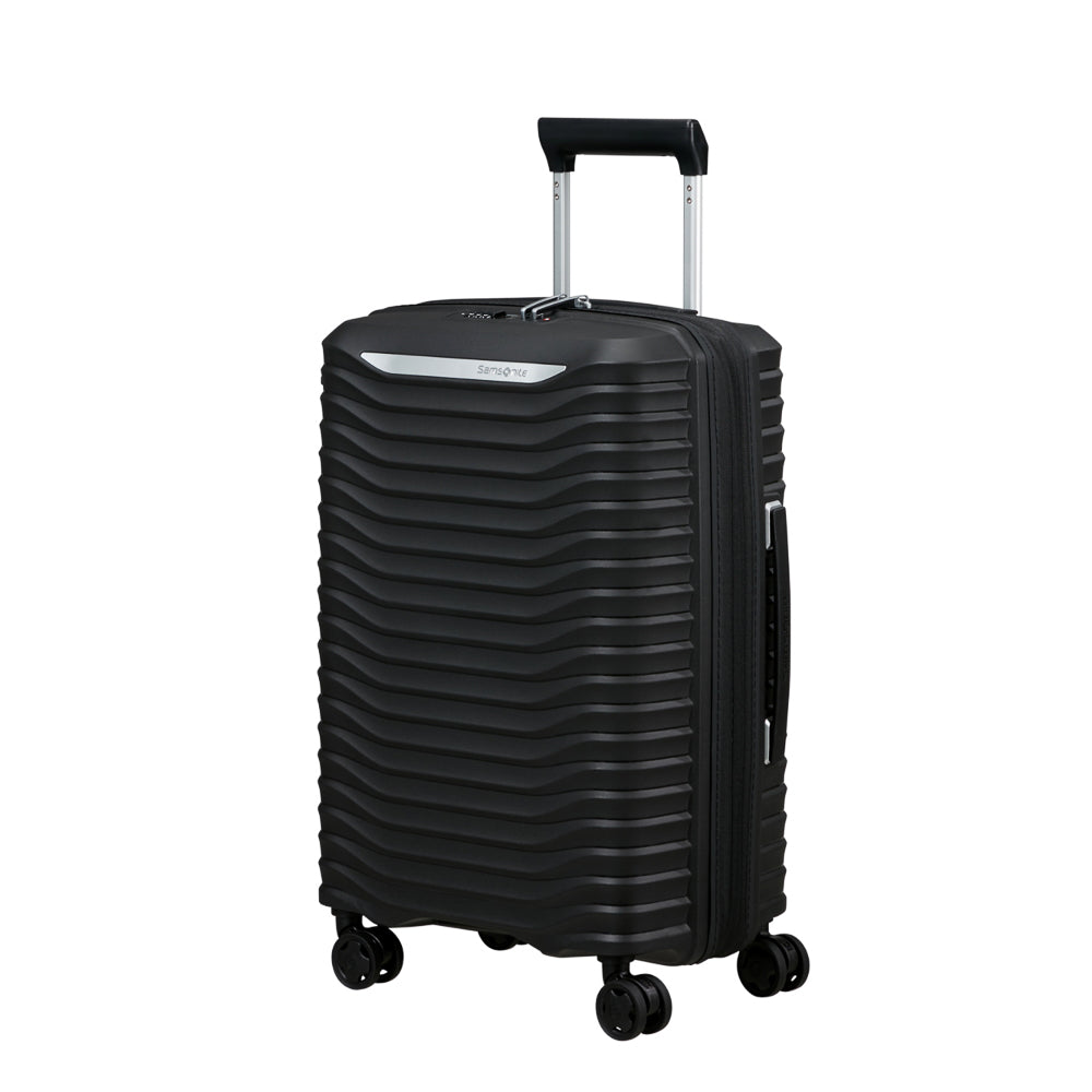 Black Samsonite Upscape Slim Carry On Spinner Suitcase with wheels and ergonomic handle, ideal for cabin luggage.