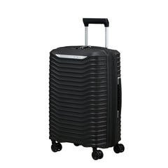 Black Samsonite Upscape Slim Carry On Spinner Suitcase with wheels and ergonomic handle, ideal for cabin luggage.