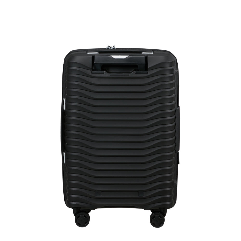 Samsonite Upscape slim carry-on spinner suitcase in black, featuring wheels and a sleek design for cabin luggage.