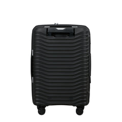 Samsonite Upscape slim carry-on spinner suitcase in black, featuring wheels and a sleek design for cabin luggage.