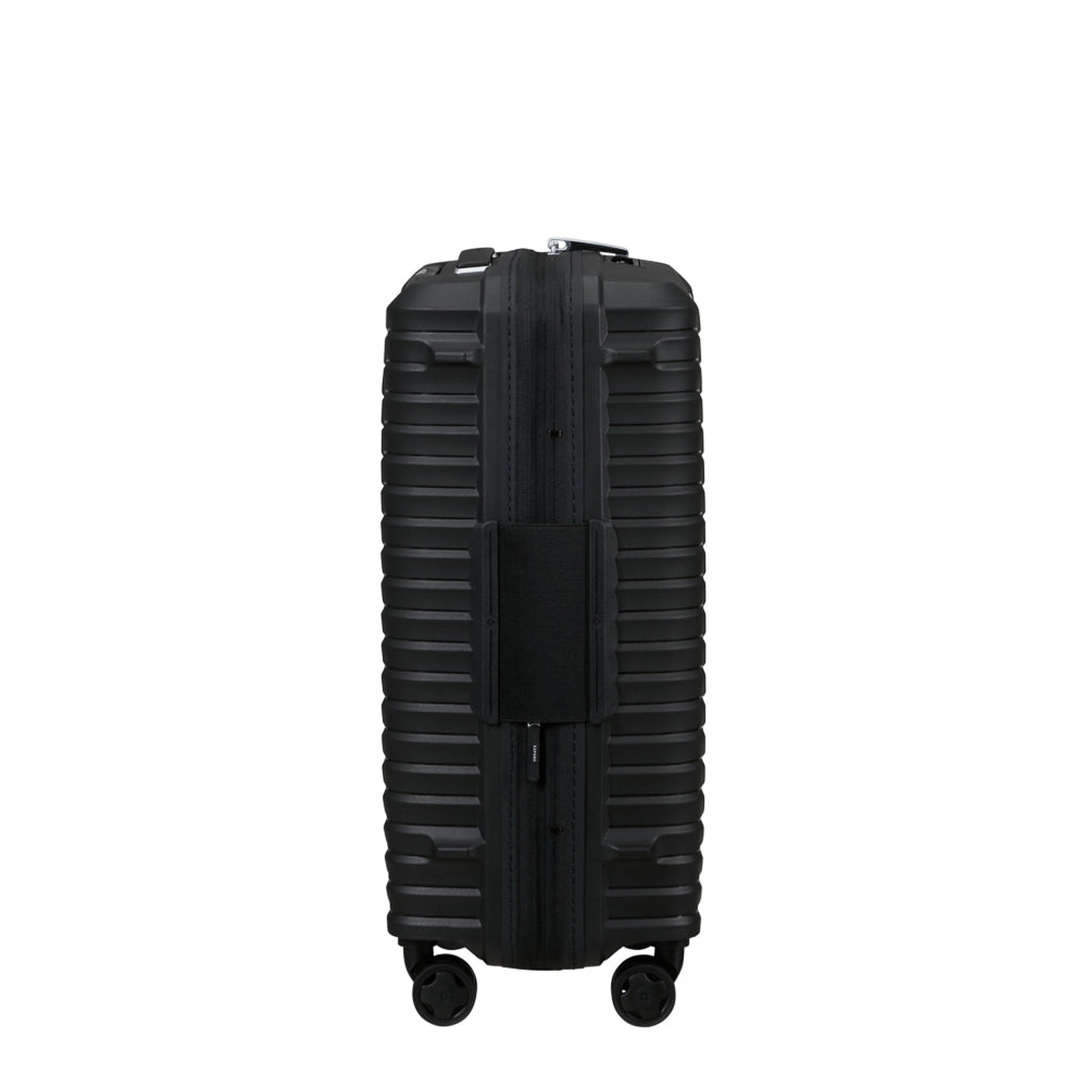 Black Slim Carry On Spinner Suitcase by Samsonite, featuring four wheels and a sleek design for easy travel.