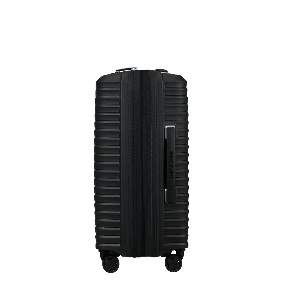 Black Samsonite Upscape slim carry-on spinner suitcase with four wheels and a retractable handle.