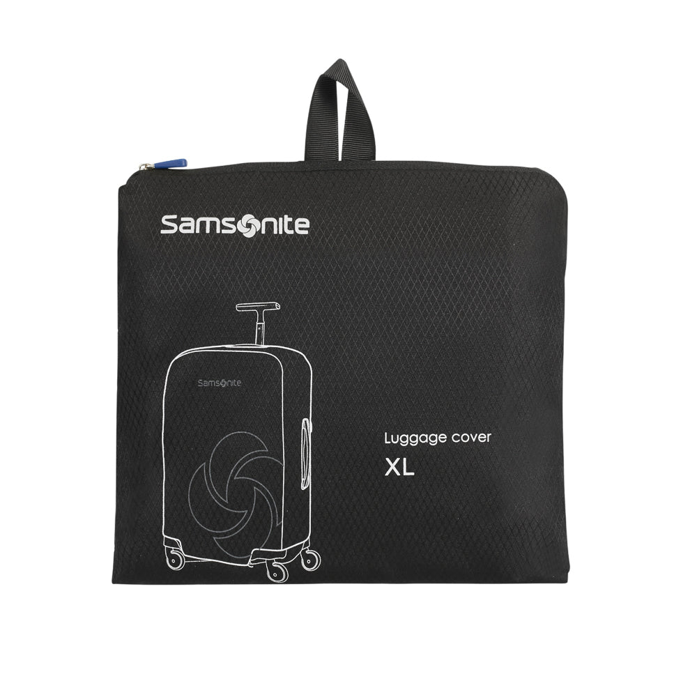 Black XL luggage cover by Samsonite, designed to protect and fit large suitcases with a sleek and durable design.