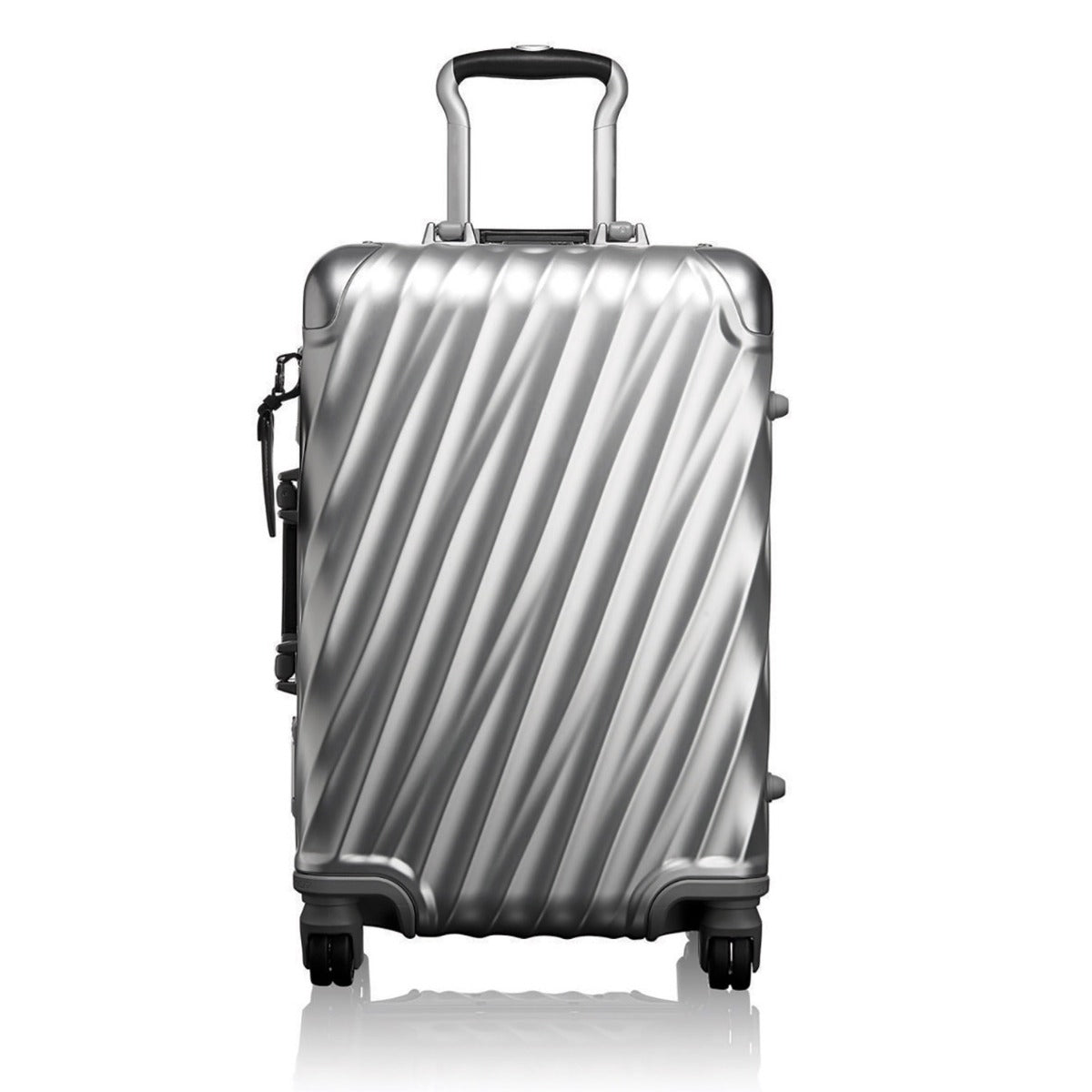 A silver aluminium cabin suitcase with a fluted shell, shown upright from the front.
