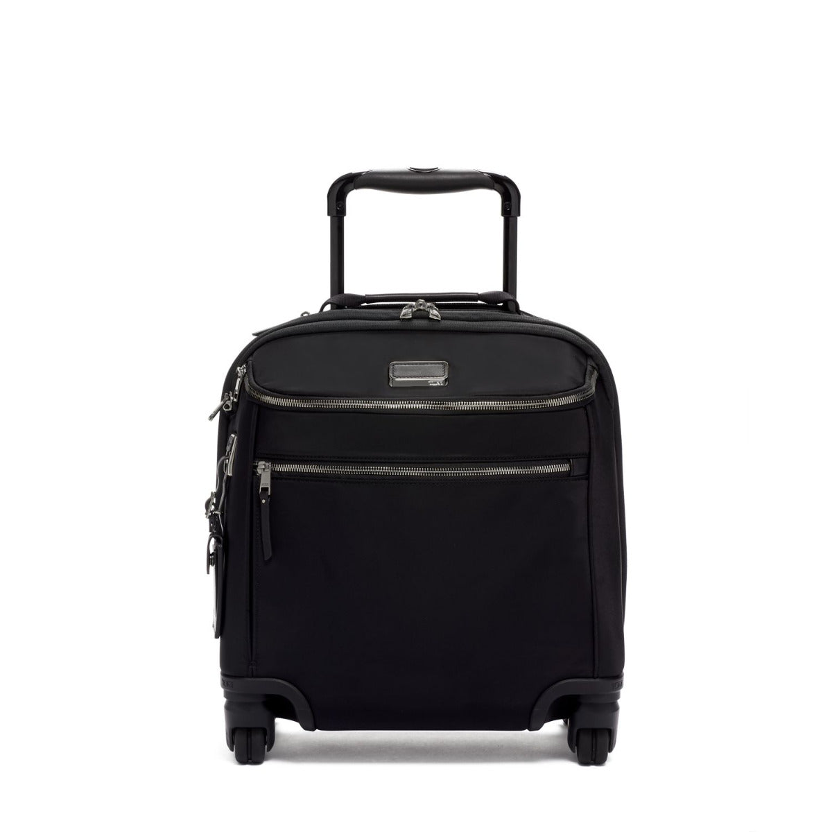 A soft-sided compact carry-on suitcase shown upright with the handle retracted.